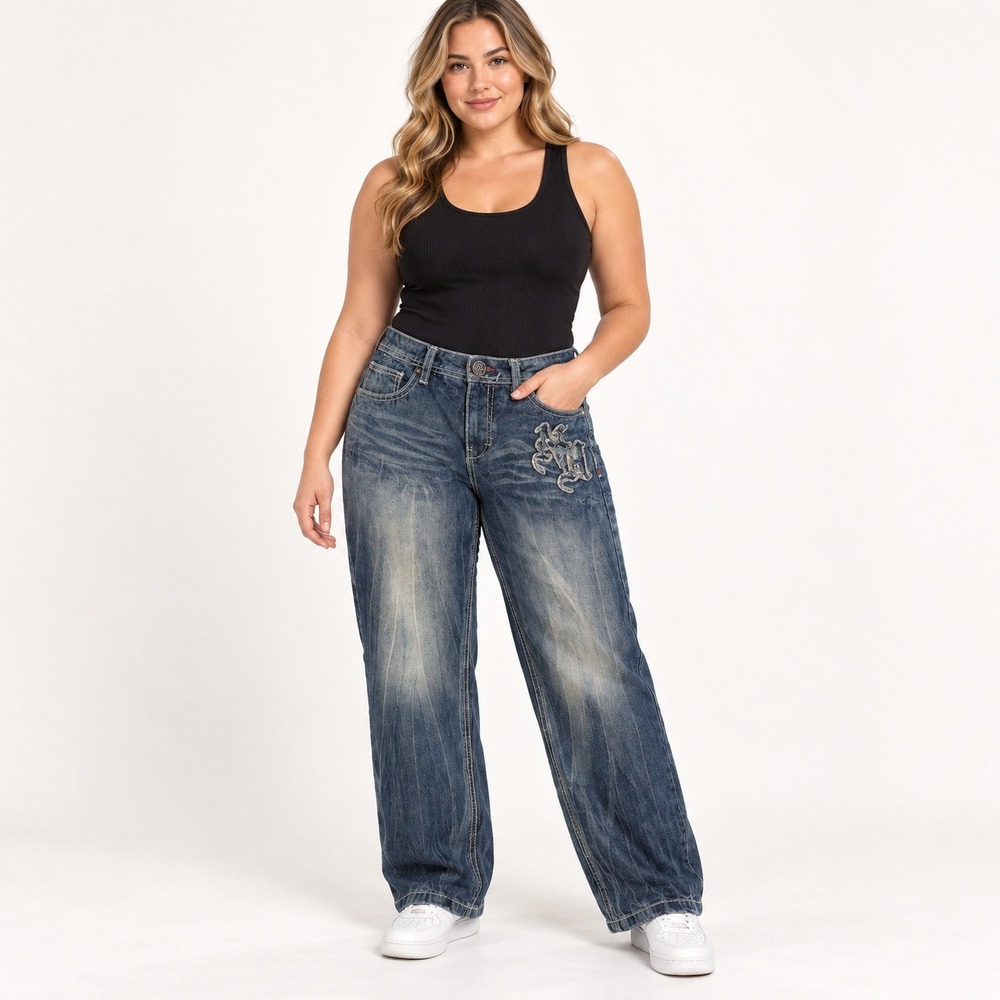 New Metal Idle Jeans Womens 4 Blue Denim Wide Leg Embroidered Y2K Baggy Pants